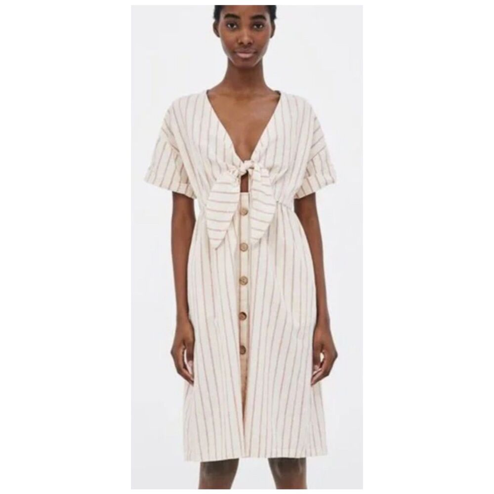 ZARA Linen Blend Striped Knotted Short Sleeve Mini Dress